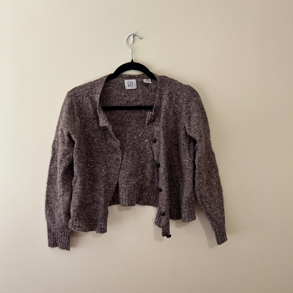 Cropped Brown and Grey Wool Cardigan with Leather Buttons